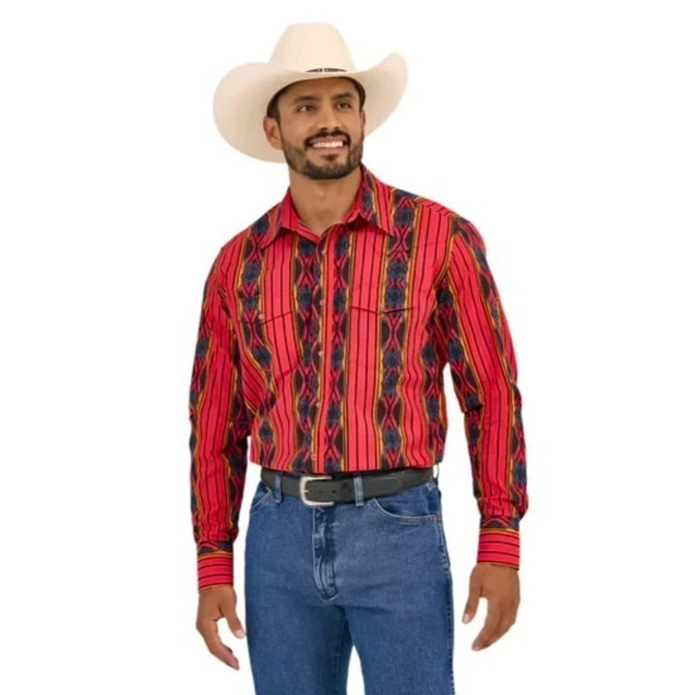Wrangler Men's Checotah Southwestern Striped Pearl Snap Shirt XL‎ Red Cowboy NEW